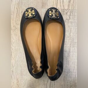 Tory Burch Black Flats with Gold Logo